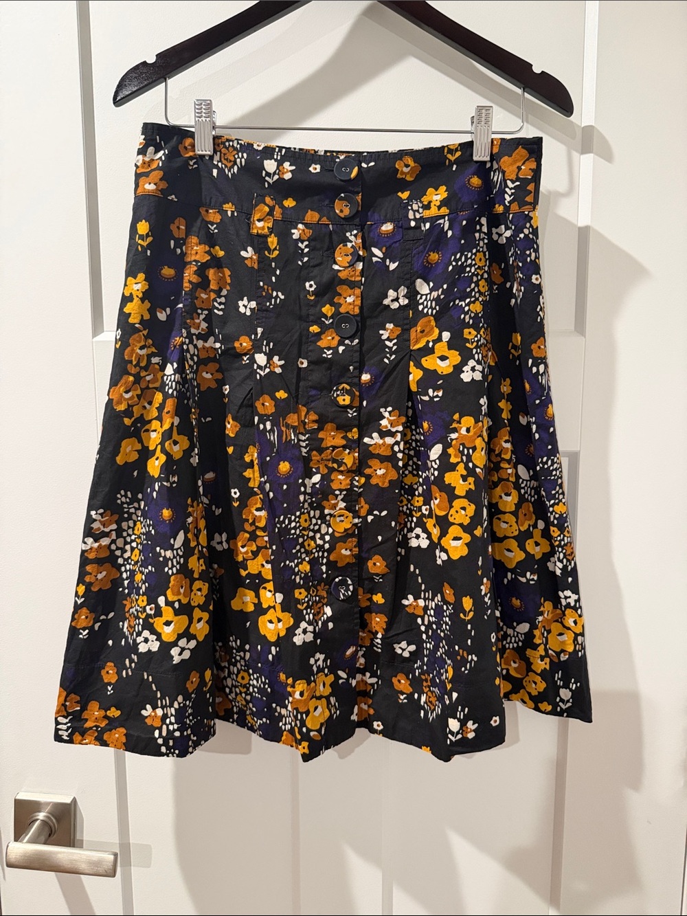H&M Black A-Line Skirt with Mustard Floral Print EUC